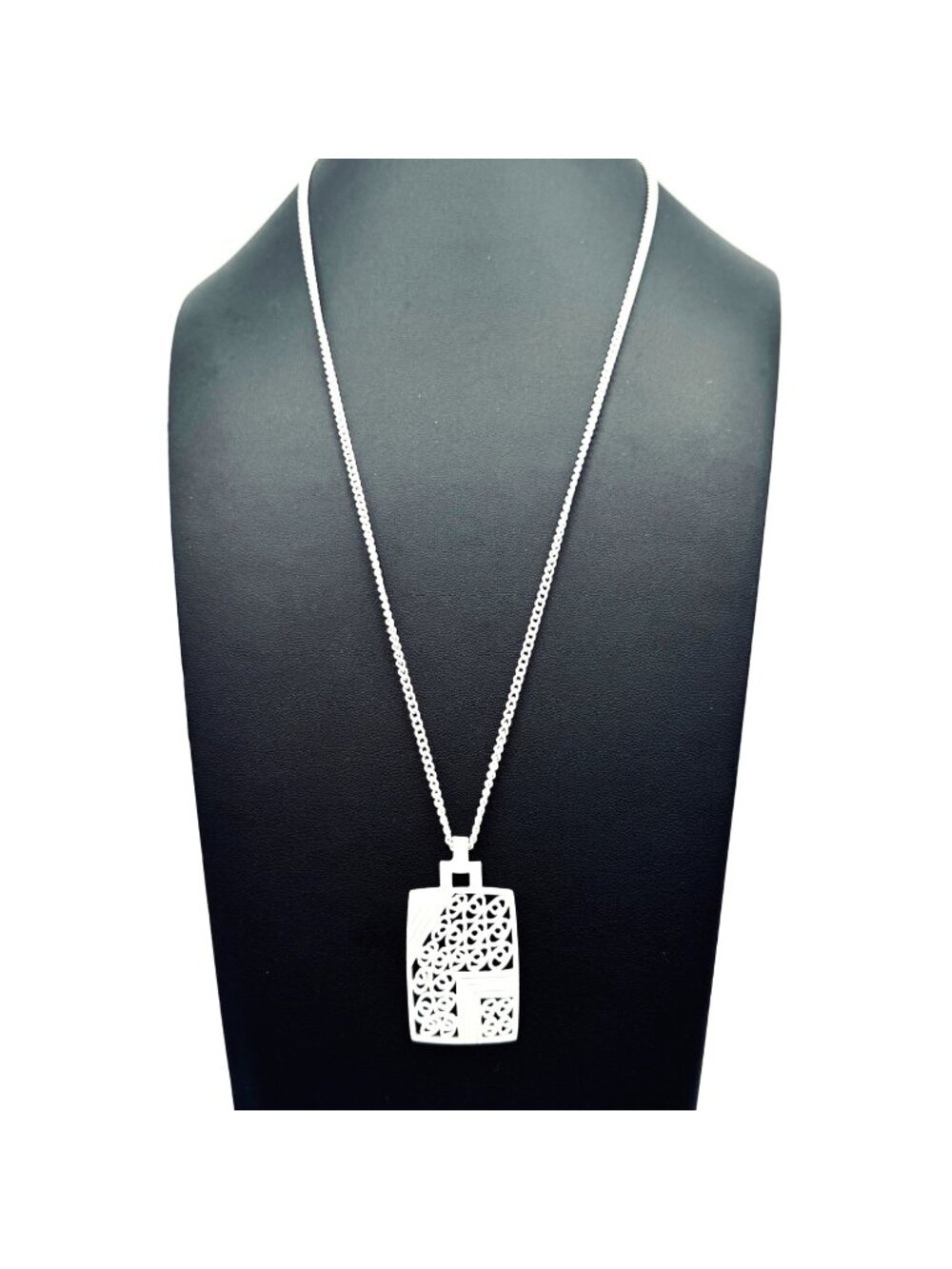 Vintage White Enamel Pendant and Chain Filigree Open Work 1970s Look 28"